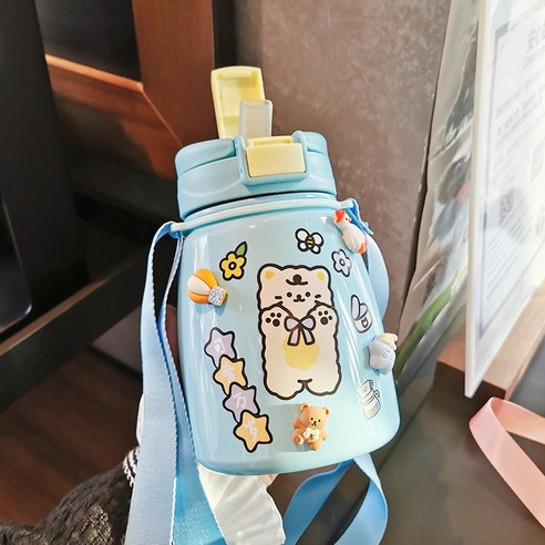 smy보온병 컵 여성 학생 대용량 물 컵 휴대용 밀짚 어린이 스테인리스 주전자 귀여운 인터넷 연예인 배꼽 컵, 색깔17, 하나