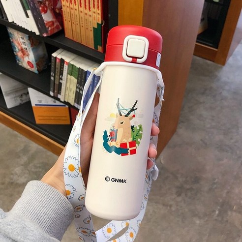 smy크리스마스 보온병 컵 여성 학생 크리스마스 이브 선물 컵 엘크 노인 귀여운 한국어 모리 간단한 컵, 광장/엘크/420Ml+스트랩, 하나