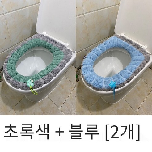 두꺼운 화장실 쿠션 화장실 쿠션 가정용 변기 쿠션 변기 쿠션 범용 변기 쿠션 변기 쿠션, 핸들스타일[그린+블루][2팩]