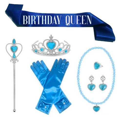 생일 파티 용품 티아라 + 어깨띠 + 액세서리 요술봉 코스튬 세트, 딥블루 공주세트