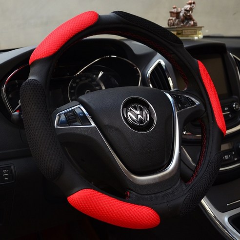 자동차 핸들 커버 Bora Tiguan Magotan 폴로 Passat Santana 사계절 범용 여름 얼음 실크 핸들 커버, 샌드위치 블랙 레드
