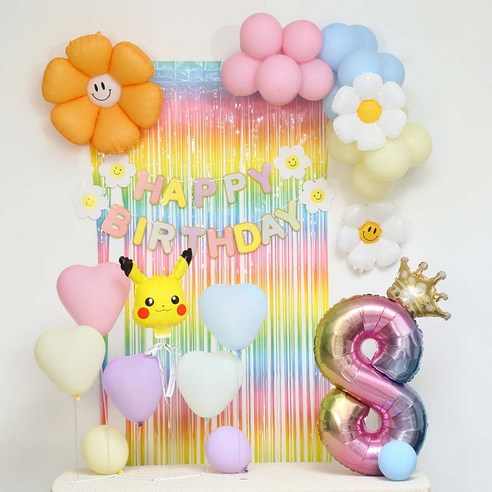 [피앤비유니티]스마일데이지 풍선스탠드 생일장식커튼세트 펌프포함, 1세트, 29-8)피카츄 마카롱커튼세트8