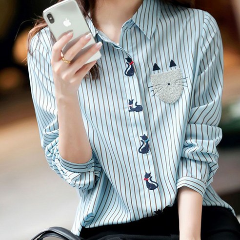 데일로엔 여성 스트라이프 고양이 블라우스 셔츠