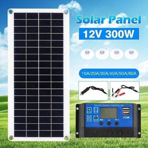 태양광패널 태양열판넬 유연한 태양 전지 패널 배터리 충전기 듀얼 USB 10A60A 컨트롤러 파워 뱅크 전화 자동차 요트 RV용 300W 12V, 11.2pcs with 60A, 1개