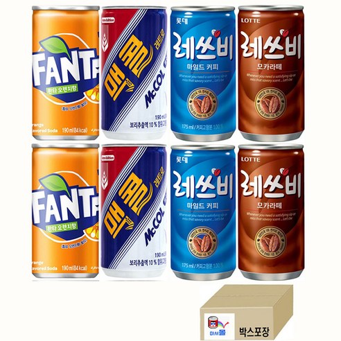 (탄산+커피 미니캔 혼합세트 4가지맛 각15캔씩 총60캔) 맥콜+환타오렌지+레쓰비마일드+레쓰비모카, 190ml, 1세트