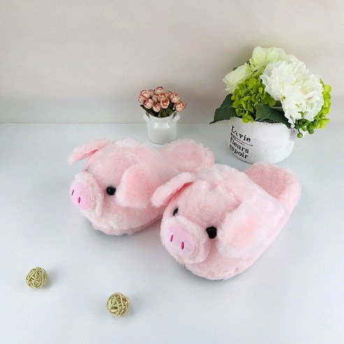 핑크 돼지 슬리퍼 홈 실내 귀여운 따뜻한 면화 슬리퍼 뽀글이 기모 뽀송 털 안감