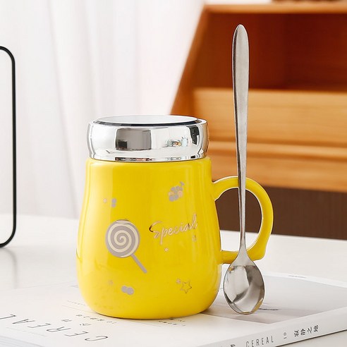 AHSUN 창의도자기 커피잔 550ML, 컵+뚜껑+숟가락, 노란색