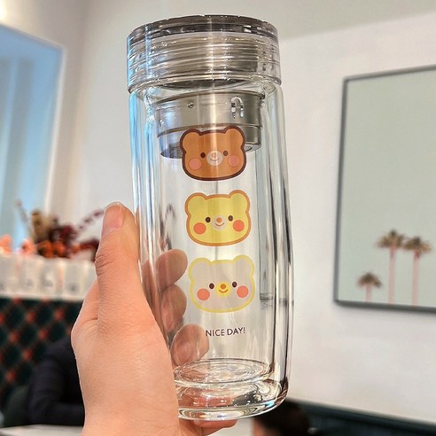 DFMEI 차 파티션 사무실 차 컵 마시는 컵이있는 이중 유리 컵, DFMEI 곰 세 마리, 280ml