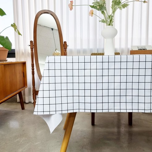 캐프마켓 체크 방수 테이블보 사각 원형 식탁보, 2인용 90 x 135 cm, 화이트