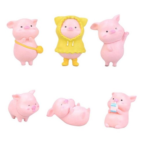 6pcs 사랑스러운 돼지 인형 자동차 정원 동상 분재 미니어처 화분 조각 야외 파티오 수지 공예 풍경, 핑크 옐로우, 플라스틱