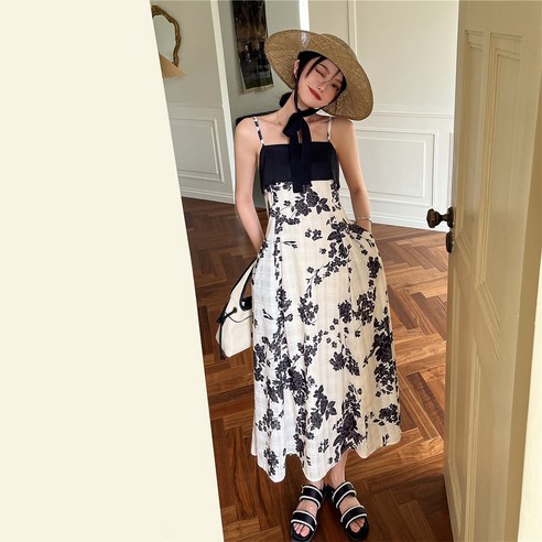 뷔스티에원피스 뷔스티에원피스 체인지쉬 (change she) 여성 데일리 멜빵 데님 원피스 프릴 스퀘어넥 끈나시 플레어 원피스 꽃무늬