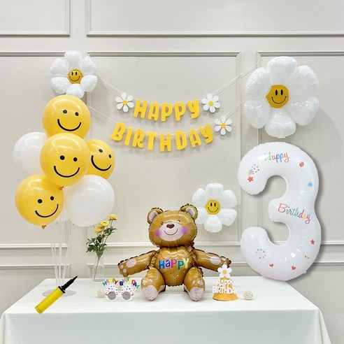 연지마켓 데이지 곰돌이 생일 파티 숫자 풍선 가랜드 세트, 3, 1세트, 베어 옐로우A 3