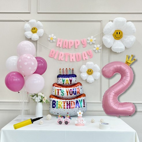 연지마켓 생일 파티 케이크 데이지 왕관 숫자 풍선 가랜드 세트, 1세트, 케이크 핑크B 2