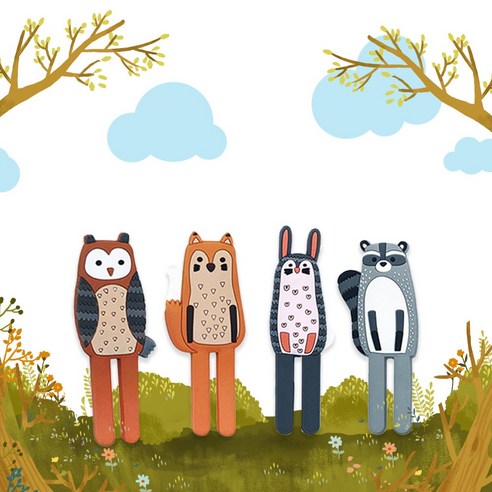 리에르 귀여운 숲속동물 자석 마스크걸이, 여우, 너구리, 부엉이, 토끼, 4개