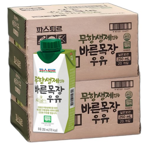 파스퇴르 무항생제 바른목장우유250ml, 40개, 250ml