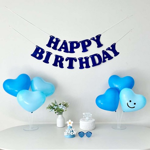 연지마켓 생일 가랜드 하트 풍선 파티 용품 세트 (레터링포함), 1세트, 블루가랜드 스마일 스티커
