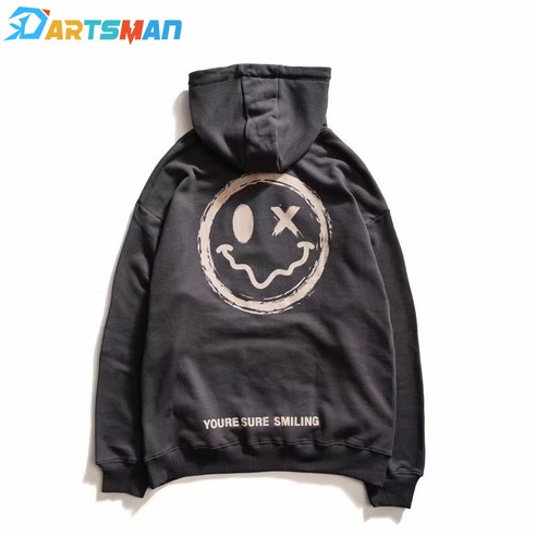 M-2XL 스마일리 프린트 남성 패션 트렌드 웜 프린트 후디