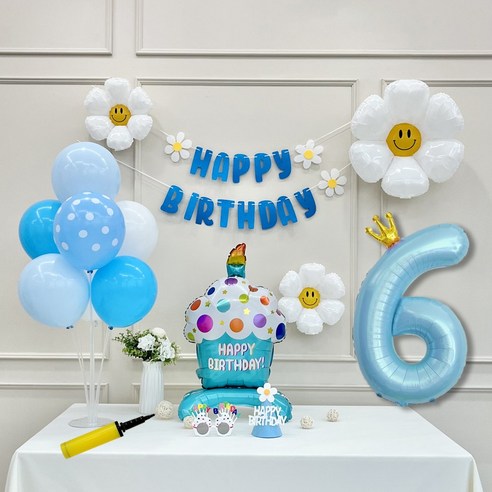 연지마켓 생일 파티 케이크 데이지 왕관 숫자 풍선 가랜드 세트, 1세트, 케이크 블루A 6