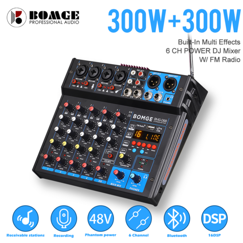 BOMGE 6 Channel Power Stereo Amplifier Audio Sound Interface Mixing Console 600W Bluetooth MP3 FM, black, BMG-06B