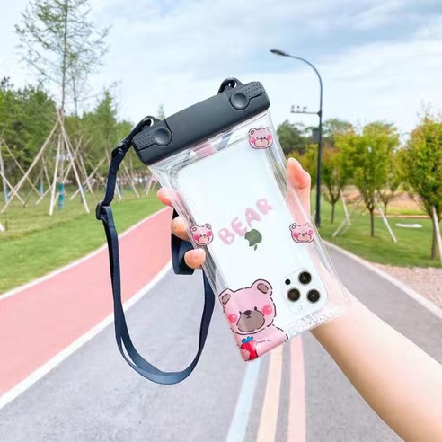 ZZJJC 캐릭터 크로스폰 방수팩 터치스크린 잠수가방 밀폐팩 수영표류포켓온천, 투버튼 블랙베어, 원메이크업(하나뿐)