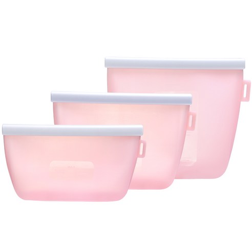 에이치 스토리 실리콘 보관팩 친환경 밀폐 다회용 실리콘봉투 실리콘지퍼백 500ml+1000ml+1500ml 3종 세트, 핑크색, 1세트