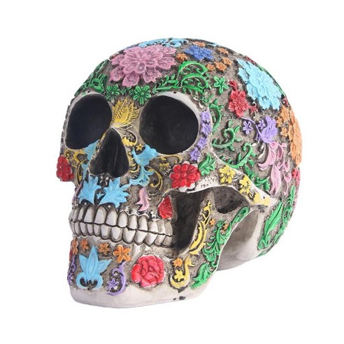 현대 꽃 죽은 해골 작은 입상 창조적 인 실내 두개골 동상 장식, 여러 가지 빛깔의, 수지
