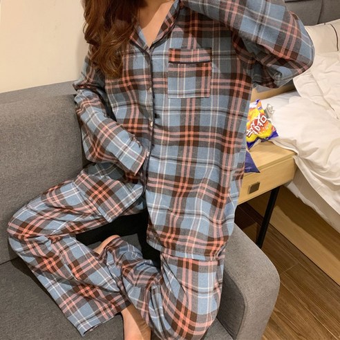 어나더디 파스텔 타탄체크 커플용 긴팔 잠옷세트