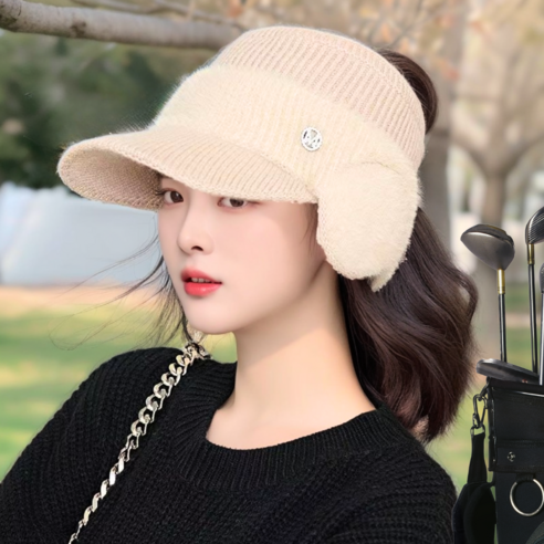 심플하우징 골프윈터 여성 럭셔리 골프 방한 모자 따뜻한 귀달이 패션 털모자, 1개