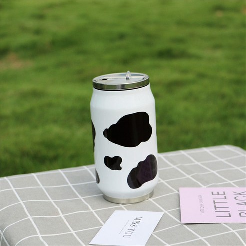 urkoteer 젖소 프린트 스텐 휴대용 텀블러, 300ml, black and white cow