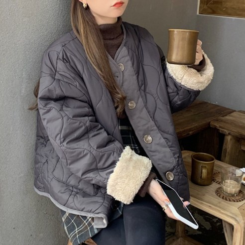 헤이슈 양면 퀄팅 누빔 여성 패딩 양털 퍼점퍼 겨울 자켓