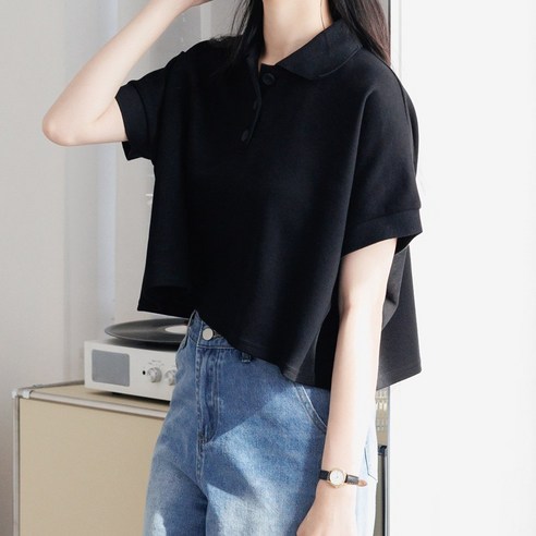 귀여운 루즈핏 크롭 피케 카라 반팔티