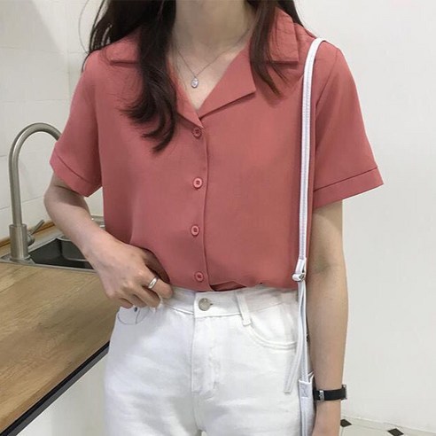 KORELAN 화이트 쉬폰 블라우스 여 여름 센스 브이넥 오버핏 반팔 양티