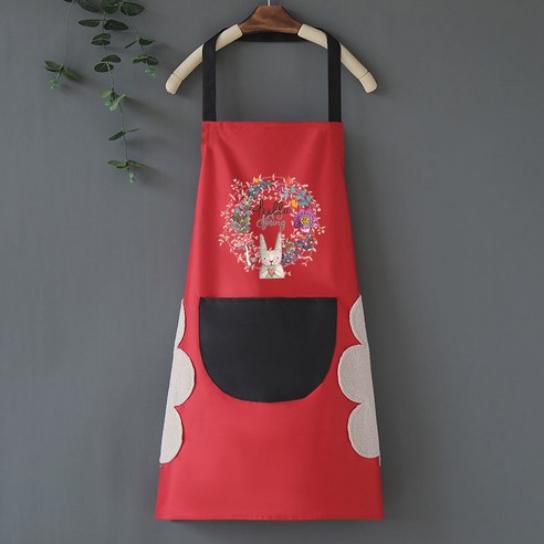 DFMEI 방수 손 앞치마 남녀 홈 캐릭터 주방 앞치마 주머니걸이 목밥 앞치마, 레드블랙포켓, 프리사이즈
