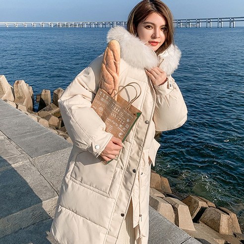 여성 패딩 자켓 한국 스타일 중간 길이 겨울 새로운 대형 모피 칼라 두꺼운 울트라 긴 무릎 면화 코트