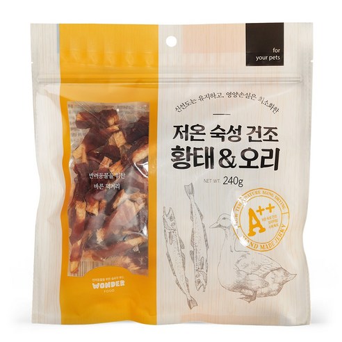 원더푸드 저온 숙성 건조 육포 강아지 간식, 혼합맛(황태/오리), 240g, 1개