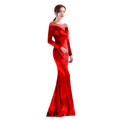 ANKRIC 파티 피로연 벨벳 연회 이브닝 드레스 겨울 긴 소매 회사 연례 회의 개최 긴 물고기 꼬리 파티