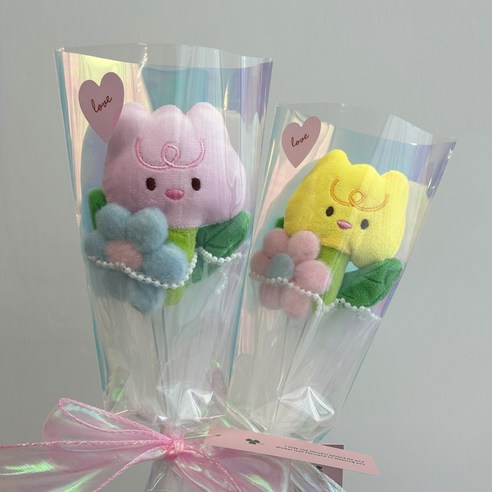 귀여운 인형꽃다발 튤립인형 꽃 한송이 꽃선물 인형꽃선물, 핑크1개+옐로우1개, 1세트