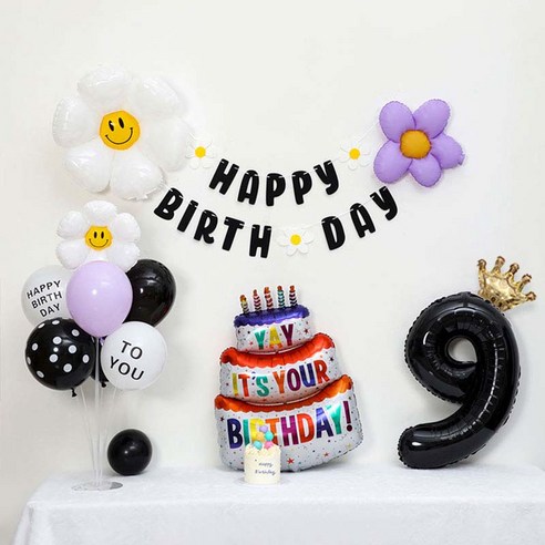 [피앤비유니티] 캐릭터무광데이지 생일케익풍선세트 스탠드형, 10-09)무광데이지생일풍선세트 9 블랙, 1세트