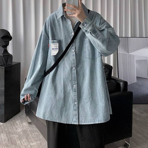 봄 홍콩 스타일 일본식 데님 셔츠 긴팔 한국어 스타일 유행 잘 생긴 셔츠 느슨한 캐주얼 셔츠 코트