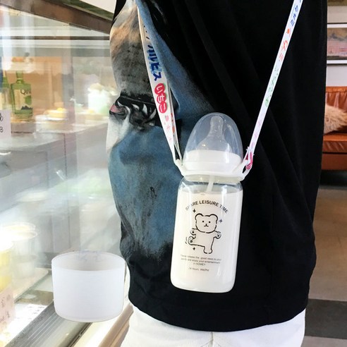 한국어 스타일 귀여운 컵 졸업 짚 성인 크리 에이 티브 유리 컵 여학생 젖꼭지 컵 휴대용 컵, 330ml블랙곰스케일240_옵션1