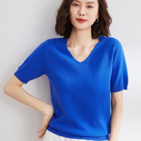 여성용 브이넥 반팔 여름 니트티