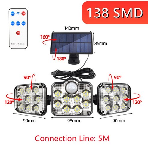 [KHTE]태양광 3 헤드 원격 제어 벽 램프 2400Mah 루스 드 파티오 솔라레스 3500lumm 분리형, 138SMD-Detachable