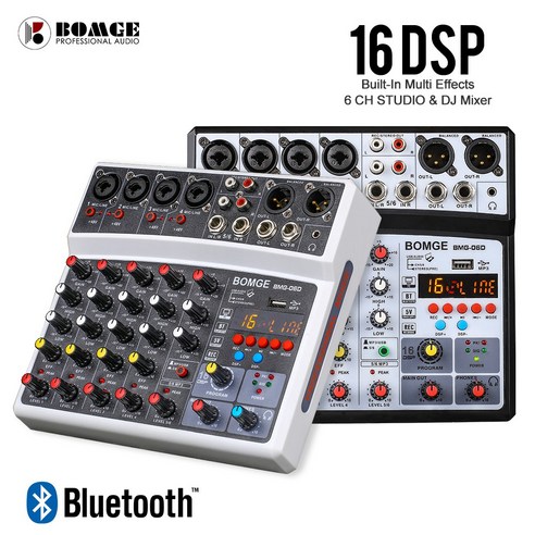 BOMGE Wireless 6-Channel Portable Mixer USB Interace Sound Card with 16 DSP Echoes 48V Phantom Power, black, EU, BMG-06D