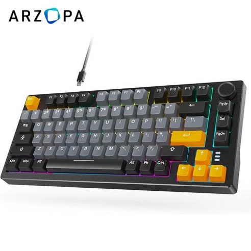 기계식 게이밍 키보드 ARZOPA 75 게임 유선 레인보우 백라이트 81 키 가스켓 마운트 PC 컴팩트 원 노브 볼륨 조절 흡음 패드 선형 빨간색 스위치K81