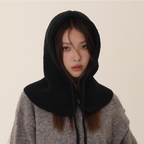 BVLV 바라클라바 넥워머 와이드 니트 후드, 블랙, 1개