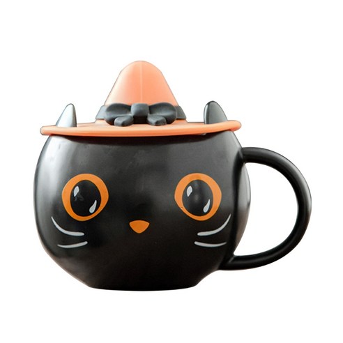 세라믹 귀여운 검은 고양이 커피 머그 찻잔 티 컵 할로윈 선물 고양이 애호가 커플, 컵 뚜껑