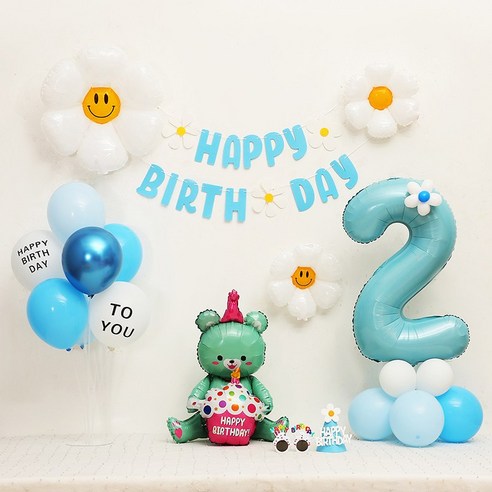 [피앤비유니티] 데이지곰돌이 가랜드형 생일풍선세트, 06-2)데이지곰돌이 가랜드형-블루 숫자2, 1세트