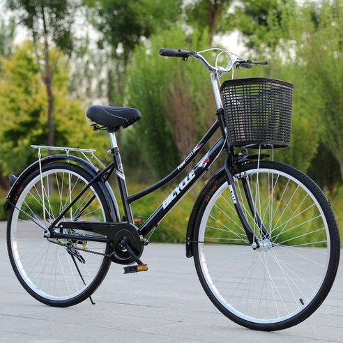 자전거 성인 가벼운 24인치 26인치 여성 통근, 고급 블랙 알루미늄 합금 테두리, 단일 속도, E.순정 블랙 하이매칭