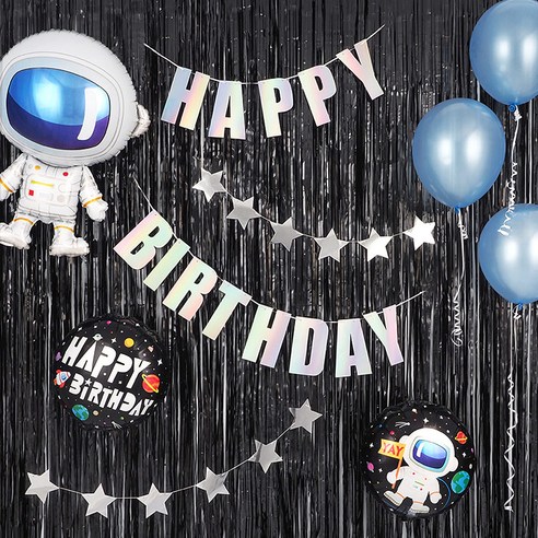 생일파티 장식세트 [해피벌스데이 우주인 홀로그램] 손펌프증정 장식방법동봉 생일파티 파티용품 파티풍선, 1개