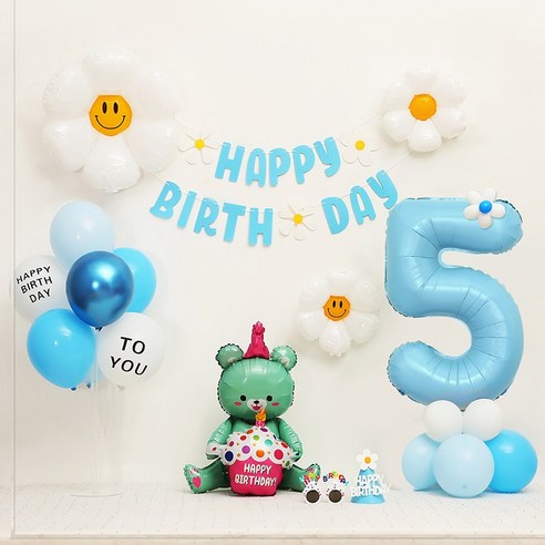 [피앤비유니티] 데이지곰돌이 가랜드형 생일풍선세트, 06-5)데이지곰돌이 가랜드형-블루 숫자5, 1세트